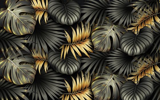 black and gold tropical leaves on dark marble background  Luxury exotic botanical