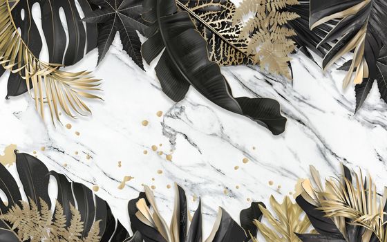 black and gold tropical leaves on dark marble background  Luxury exotic botanical