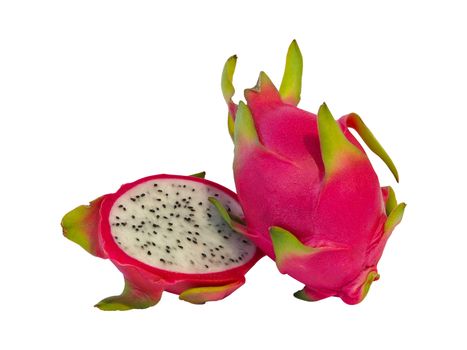 Halved dragon fruit, isolated on a white background with clipping path.Suitable for use with graphics.
Health concept.