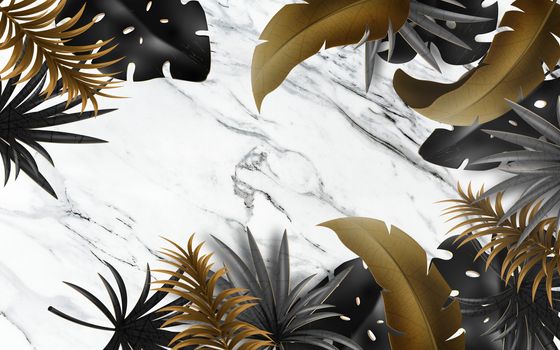 black and gold tropical leaves on dark marble background  Luxury exotic botanical