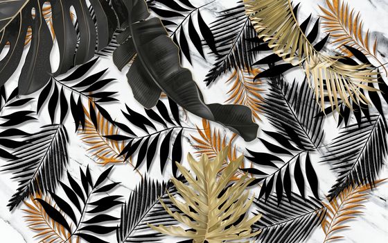 black and gold tropical leaves on dark marble background  Luxury exotic botanical