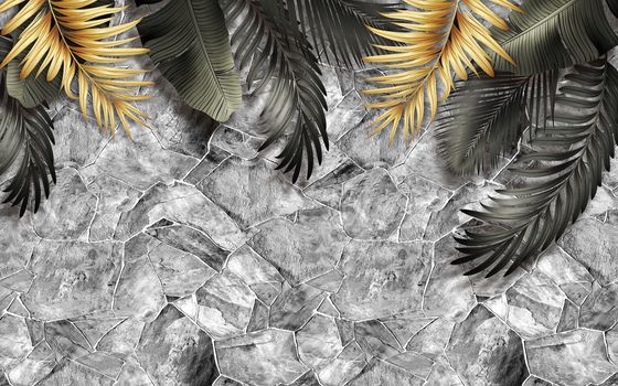 black and gold tropical leaves on dark marble background  Luxury exotic botanical