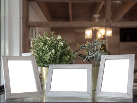 Three white blank vintage wooden desktop picture frame near green plant in pots on table in wooden home.