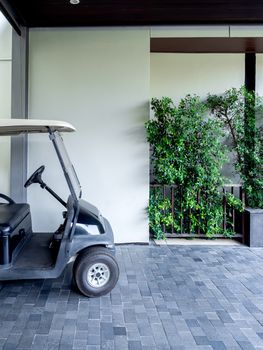 Black golf cart or golf buggy car in the hotel service for customer, vertical style.