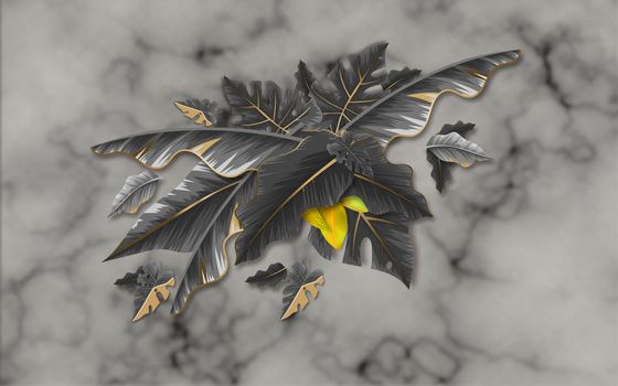 black and gold tropical leaves on dark marble background  Luxury exotic botanical