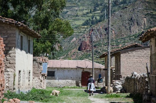 Elderly woman of the Andes walking on the ground