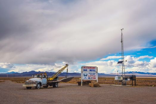 Rachel, Nevada, USA - October 22, 2018 : Vintage pickup truck with an object similar to UFO located along the famous extraterrestrial highway in Nevada close to the Nellis Air Force Range and Area 51