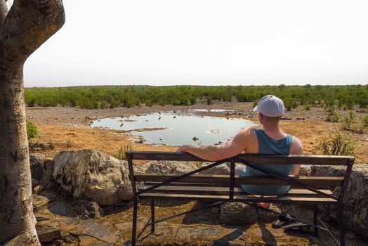 Tourist waits for wildlife sitting on a bench at the Moringa waterhole located near Halali campsite in Etosha National Park, Namibia