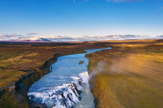 Aerial view of the Gullfoss waterfall, also known as the Golden Falls, and the Olfusa river in southwest Iceland