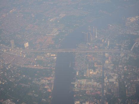 Bangkok / Thailand - 24 January 2020: high view from airplane of dusty view, PM 2.5 in the air, pollution in Bangkok city, Thailand.