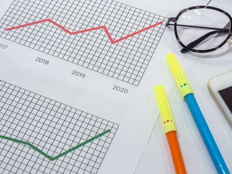 Business goal concept. Close-up business accessory, diagrams graphs, glasses, smartphone and highlighter pen on table.