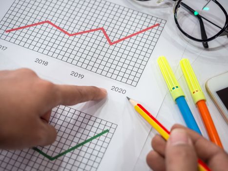 Business goal concept. Close-up hand pointing on 2020 on diagrams graphs by pencil with glasses, smartphone and highlighter pen on table.