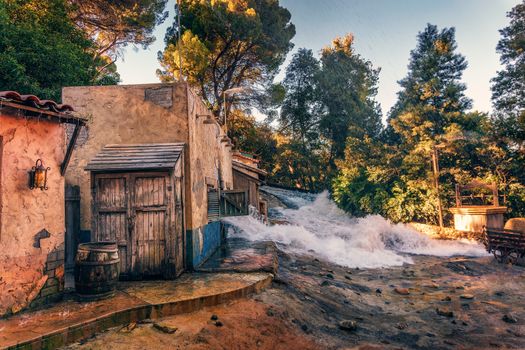 Los Angeles, California, USA - October 28, 2018 : Downhill flood effect presented during the Studio Tour in Universal Studios Hollywood. This effect was used in Big Fat Liar and Fletch Lives movies.