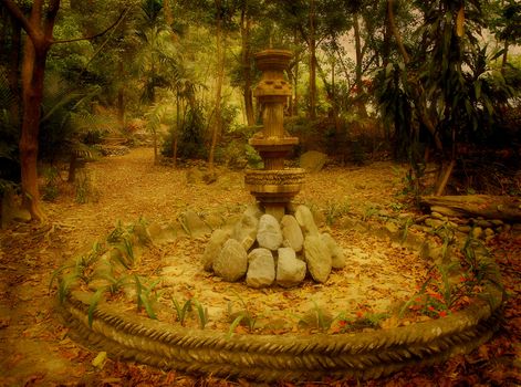 A mysterious garden with rich vegetation and strange stone objects