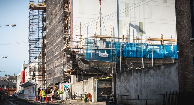 Dublin, Ireland - February 11, 2019: Renovation project of a building in the city center on a winter day