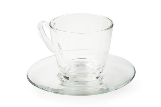 Empty glass cup of tea or coffee with handle isolated on white background.