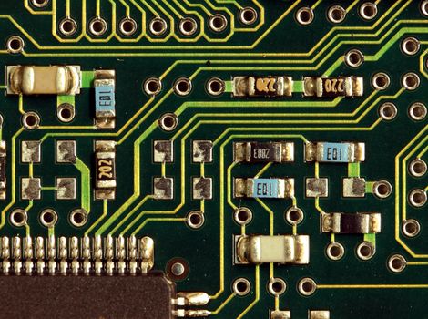 Closeup details of an integrated electronic circuit board
