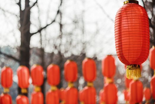 Red chinese lanterns hanged for the chinese new year in China