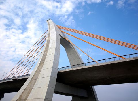 A modern single tower cable stayed bridge with thick steel cables