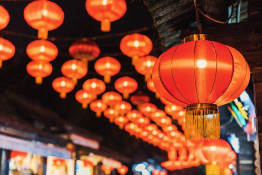 Illuminated red chinese lanterns hanging for the chinese new year in Chengdu, Sichuan province, China