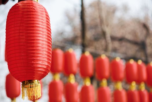 Red chinese lanterns hanged for the chinese new year in China