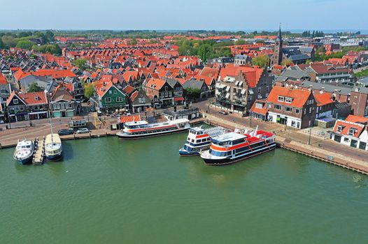 Aerial from the harbor and traditional village Volendam in the Netherlands