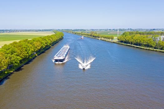 Aerial from shipping on the Amsterdam Rijnkanaal in the countryside from the Netherlands