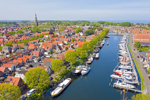 Aerial from the harbor and city Enkhuizen in the Netherlands