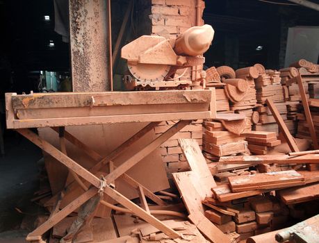 Roof tiles and other bricks are scattered in an old kiln
