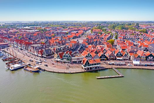 Aerial from the harbor and traditional village Volendam in the Netherlands