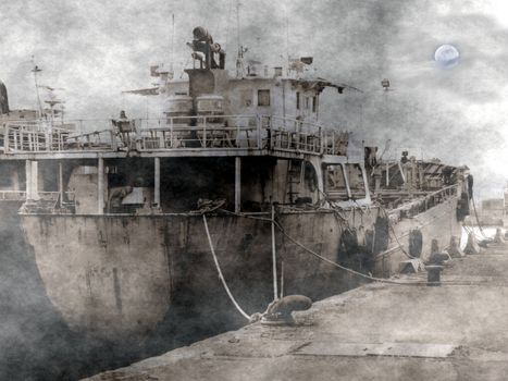 A spooky scene of an old dilapidated ship amidst fog, smoke and a sinister moon