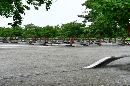 Washington DC, USA, Benches as a memorial for the 184 people who died as victims in the building and on the Americal Airlines flight during the 9 11 terrorist attack