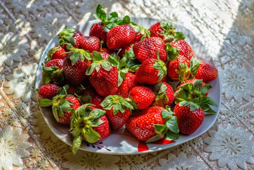 Fresh strawberries on a white plate, on a picnic table - image
