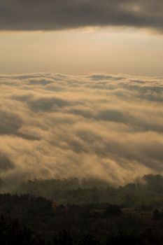 Scenic view of clouds and mist at sunrise from the top of mount Batur (Kintamani volcano), Bali, Indonesia