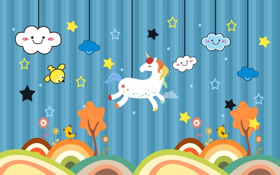 kids wallpaper decoration for wall line strips litle horse clouds children