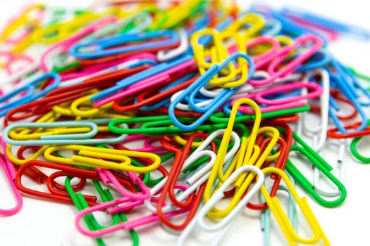 Collection of colorful Paper clips on white background

