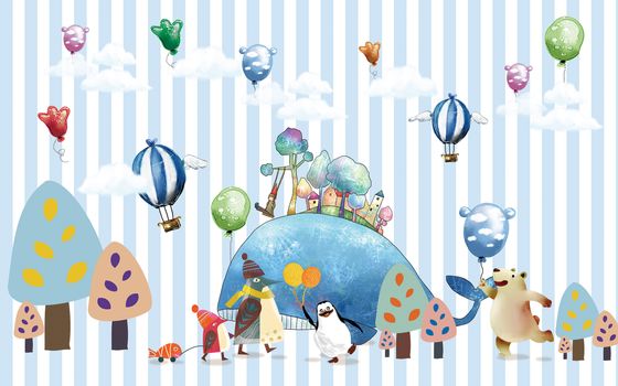 kids wallpaper decoration for wall line strips litle ballon horse clouds children