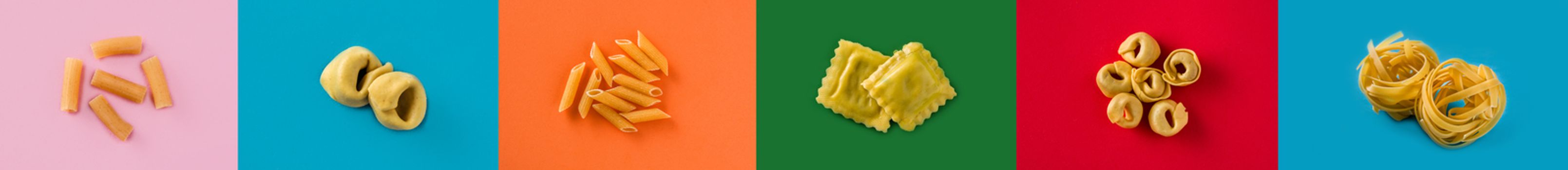 Collage of different types of pasta on colorful background. Panorama photo.