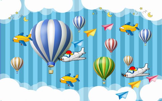 kids wallpaper decoration for wall line strips ballon clouds children