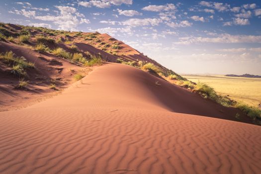 Sand dunes of Namibia, showing waves in the dry and arid sand, on a clouded blue sky