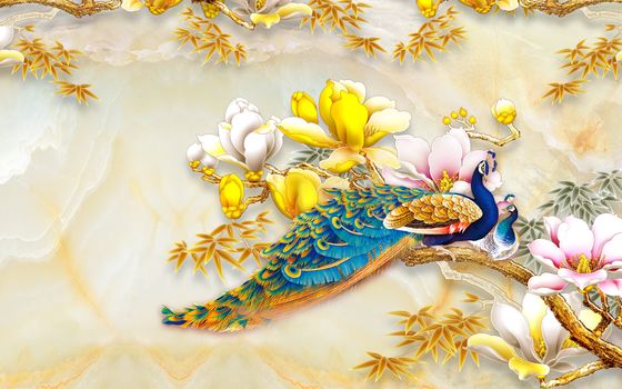 3D flower peacock bird peaony leaves tres