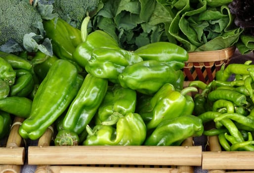 Organic green peppers, chilis and other vegetables