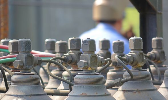 Acetylen and oxygen bottles used for welding at a construction site