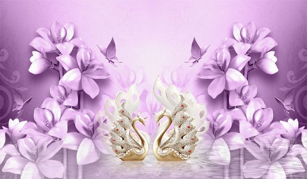 3d wallpaper  purple flower swan butterfly jewelry  background