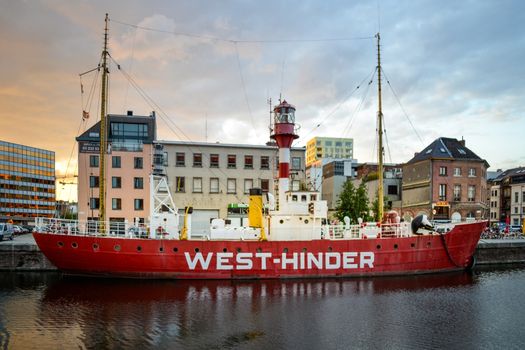 Eilandje, Antwerp, Belgium, June 2011: side view of West-Hinder Lichtschip (Lightvessel)in Willemdok