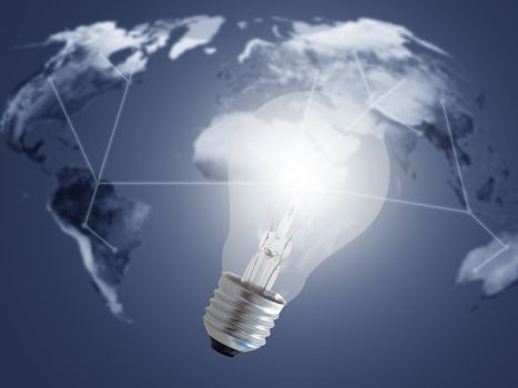 Energy concept, world map and light bulb on blue background, Elements of this image furnished by NASA