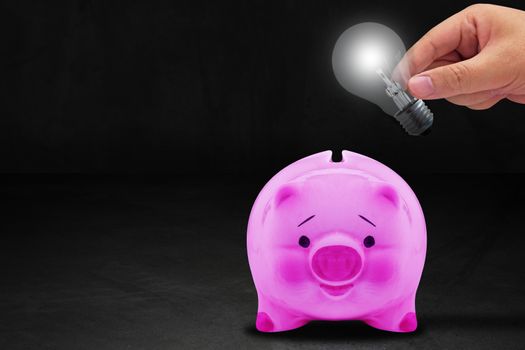 Save energy concept, hand, light bulb and piggy bank, nature and ecology