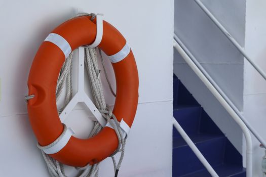 Lifebuoy rings on board for rescuing passengers. Lifebuoy rings mounted on the boat ready to save those who fell into the water.