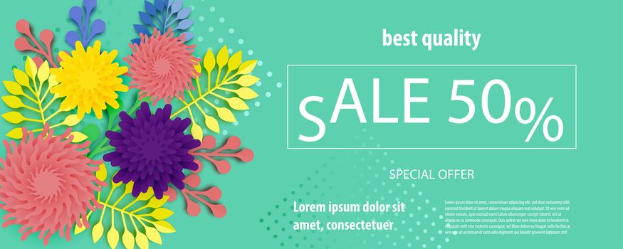 Horizontal paper cut flower sale banner. Colored chamomile bud origami isolated vector background. Floral discount design. Craft 3d plant eco card template.