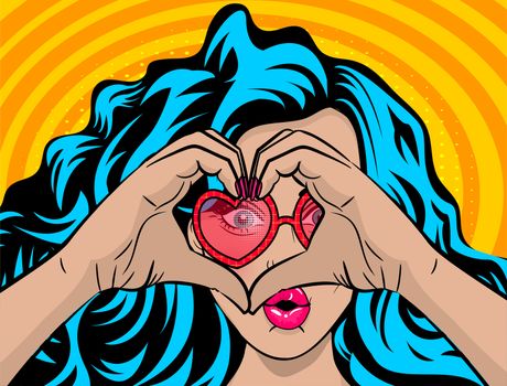 White young woman wow face blue hair pop art style show heart hands. Colored halftone retro dot background for comic text. Positive cartoon girl fashion kitch. Saint Valentine love poster banner